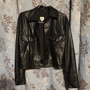 a new day Shiny Black Leather Jacket
